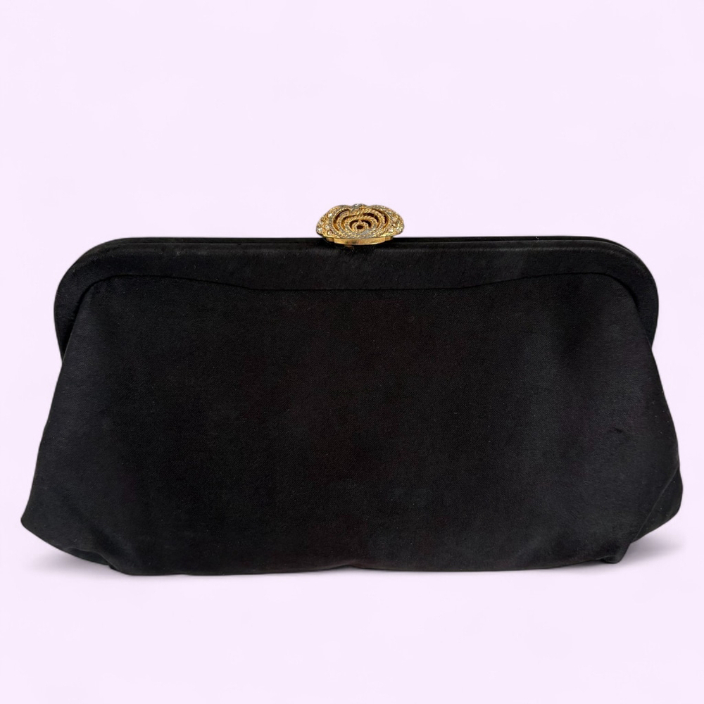 1950s Black Satin Clutch Rhinestone Gold Clasp - Picture 2 of 10